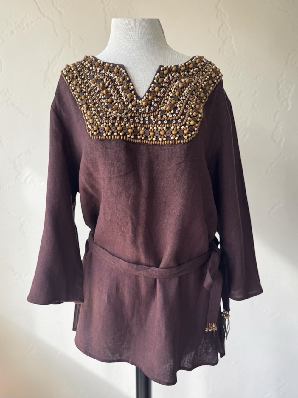 NWT Victor Costa Occasion Brown Beaded 100% Linen Tunic Top XL Boho Y2k